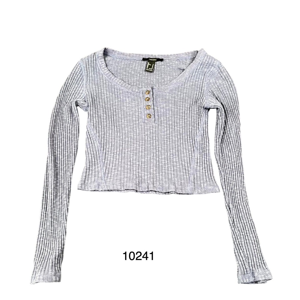 Forever 21 Henley Top Women's M Blue Stretch Ribbed Long Sleeve Button Placket